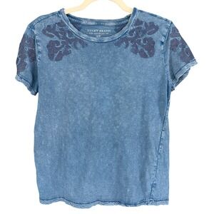 A3 Lucky Brand Embroidered Acid Wash Blue‎ T-Shirt Womens Small Casual Top